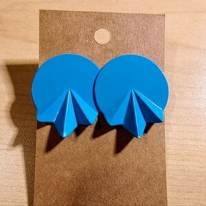 Vintage 80s 90s Electric Blue Round Ruffle Art Deco Drop Pierced Earrings.